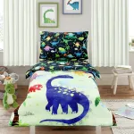 DAYEEBALL 4 Piece Toddler Bedding Set, Ultra Soft and Breathable Cartoon Dinosaur Toddler Comforter Sets for Boys Includes Quilted Comforter, Fitted Sheet, Flat Sheet and Pillowcase