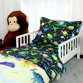 DAYEEBALL 4 Piece Toddler Bedding Set, Ultra Soft and Breathable Cartoon Dinosaur Toddler Comforter Sets for Boys Includes Quilted Comforter, Fitted Sheet, Flat Sheet and Pillowcase