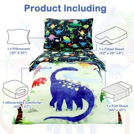 DAYEEBALL 4 Piece Toddler Bedding Set, Ultra Soft and Breathable Cartoon Dinosaur Toddler Comforter Sets for Boys Includes Quilted Comforter, Fitted Sheet, Flat Sheet and Pillowcase