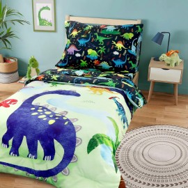 DAYEEBALL 4 Piece Toddler Bedding Set, Ultra Soft and Breathable Cartoon Dinosaur Toddler Comforter Sets for Boys Includes Quilted Comforter, Fitted Sheet, Flat Sheet and Pillowcase