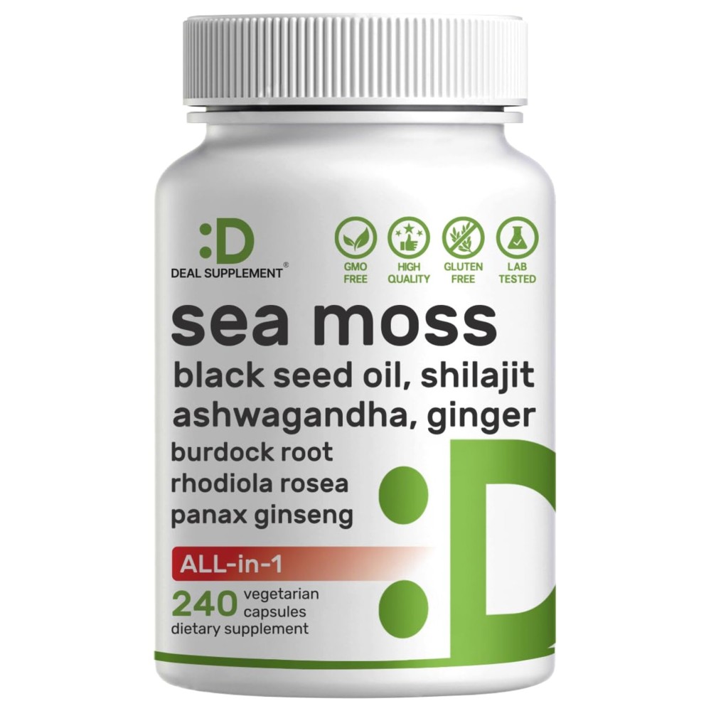 DEAL SUPPLEMENT Irish Sea Moss 7000mg Per Serving, 240 Veggie Capsules - 14 Superfood Complex - 3000mg Black Seed Oil, 2000mg Ashwagandha, 600mg Ginger DEAL SUPPLEMENT Irish Sea Moss 7000mg Per Serving, 240 Veggie Capsules - 14 Superfood Complex - 3000mg Black Seed Oil, 2000mg Ashwagandha, 600mg Ginger