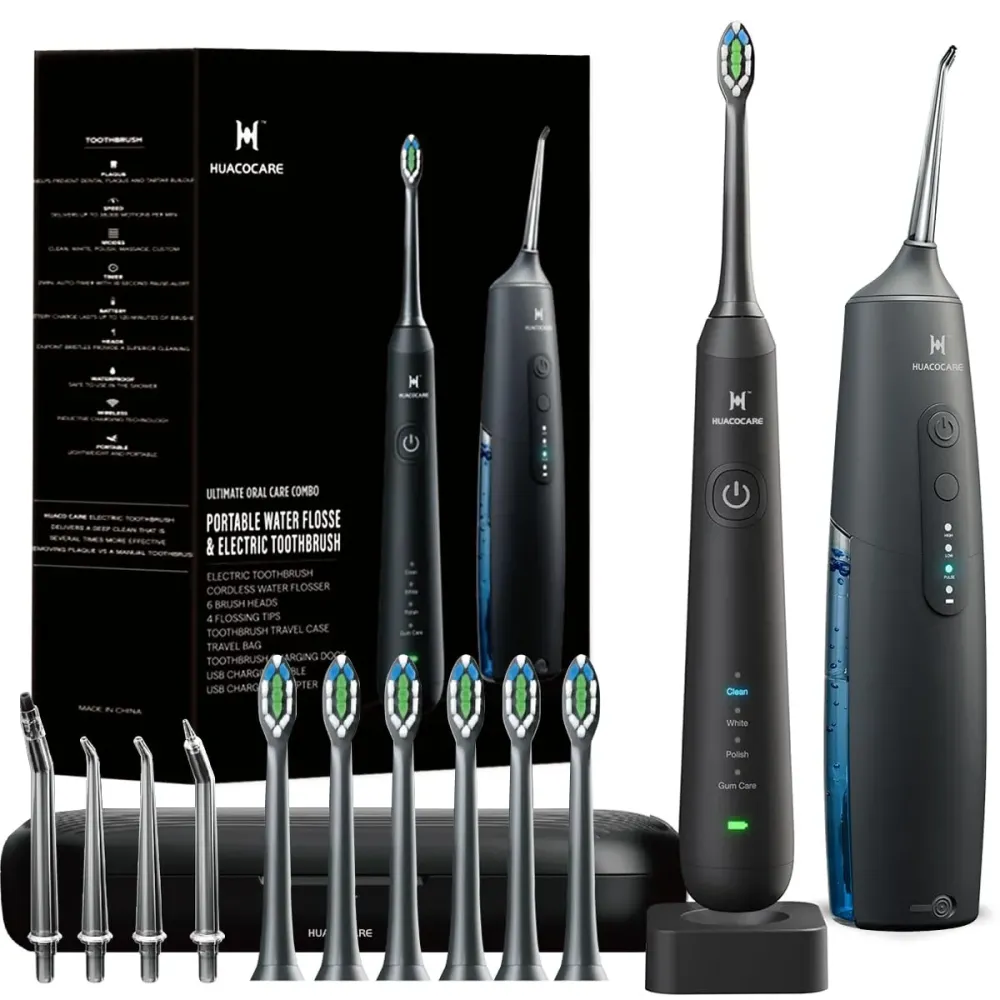 HUACO CARE 2-1 Oral Clean Kit- Water Dental flosser & Electric Toothbrush Combo- Brushing & Flossing- for Teeth Cleaning and Gum Health (Black) HUACO CARE 2-1 Oral Clean Kit- Water Dental flosser & Electric Toothbrush Combo- Brushing & Flossing- for Teeth Cleaning and Gum Health (Black)
