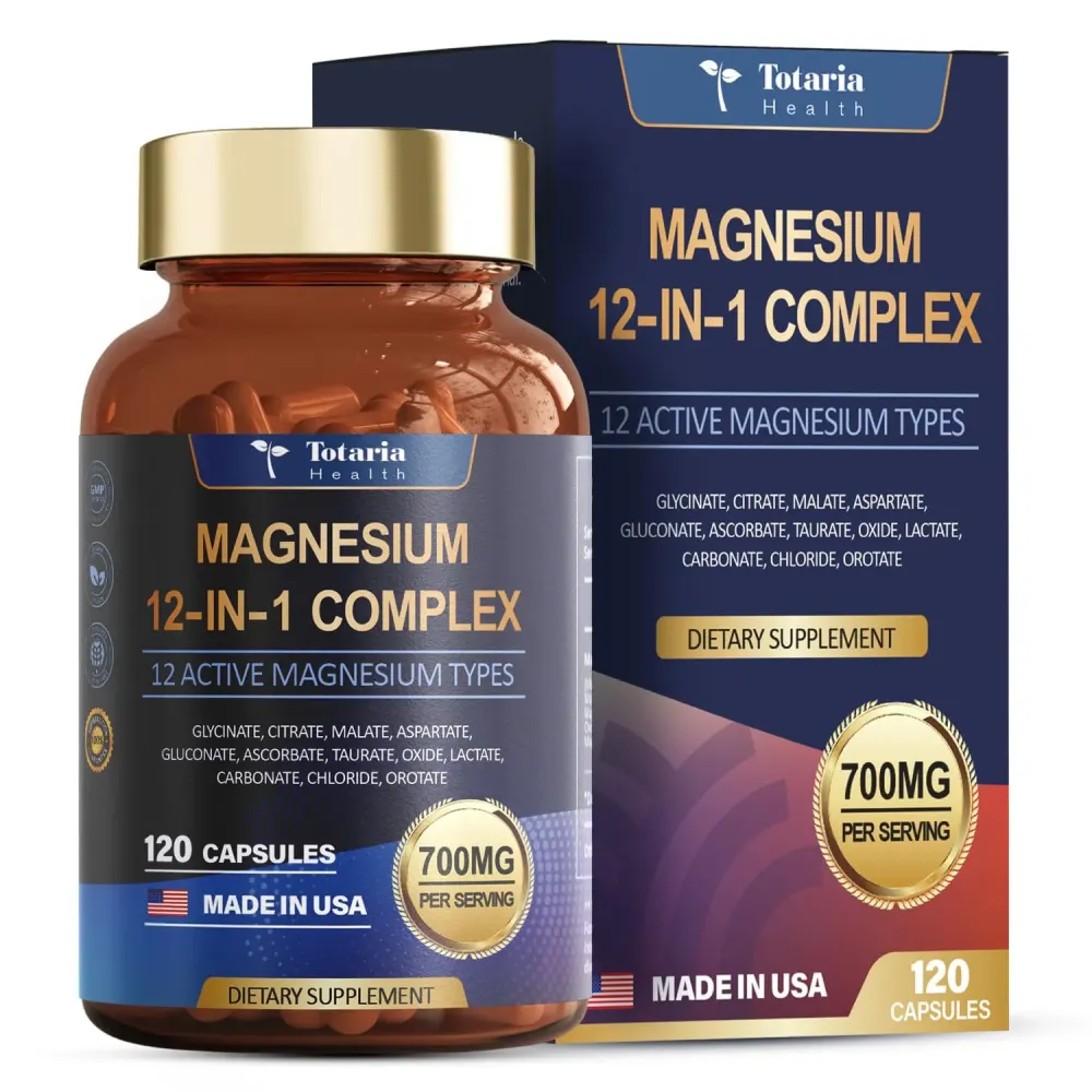Totaria Magnesium Complex 700mg 12 in 1 Magnesium Supplement with Glycinate Citrate Malate Oxide Taurate Aspartate Orotate Magnesium Relaxation,Muscle,Heart Support, Vegan 120 Capsules Totaria Magnesium Complex 700mg 12 in 1 Magnesium Supplement with Glycinate Citrate Malate Oxide Taurate Aspartate Orotate Magnesium Relaxation,Muscle,Heart Support, Vegan 120 Capsules