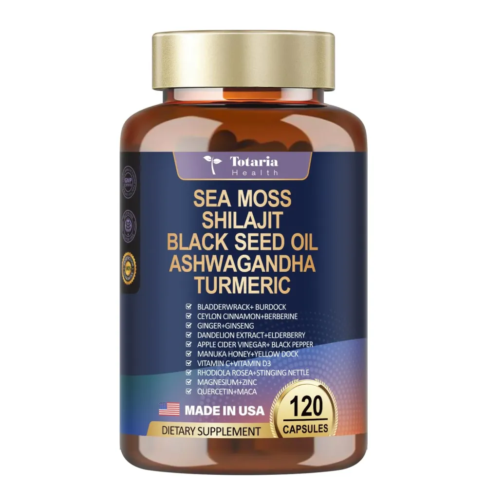 Totaria 25-in-1 Sea Moss Black Seed Oil Ashwagandha Ginger Shilajit Supplement, Sea Moss Capsules with Bladder Burdock Ceylon Cinnamon Berberine ACV Manuka VIT C & D3, 120 Caps Totaria 25-in-1 Sea Moss Black Seed Oil Ashwagandha Ginger Shilajit Supplement, Sea Moss Capsules with Bladder Burdock Ceylon Cinnamon Berberine ACV Manuka VIT C & D3, 120 Caps