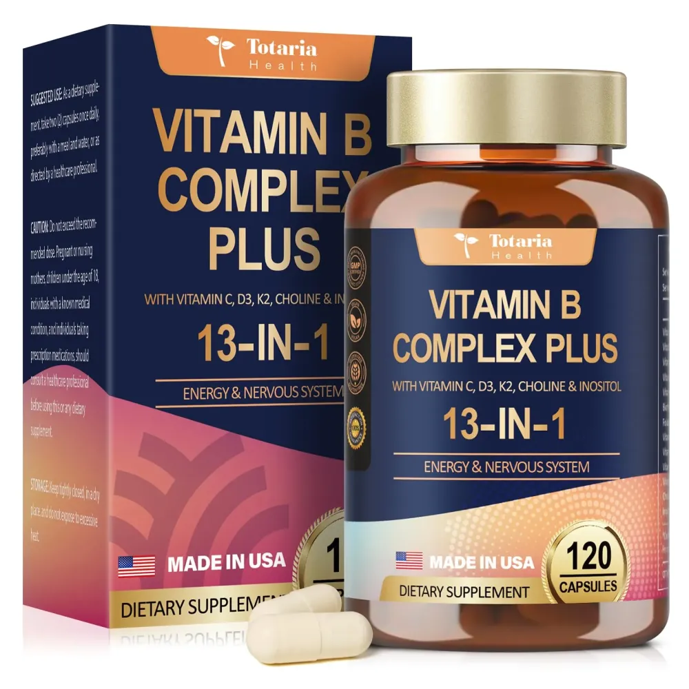 13-in-1 Vitamin B Complex Plus with Vitamin B1, B2, B3 (Niacinamide), B4, B5, B6, B7 (Biotin), B8 (Inositol), B9 (Folate), B12, C, D3, K2 - Energy, Nerve, Immune, Skin Support - 120 Vegan Capsules 13-in-1 Vitamin B Complex Plus with Vitamin B1, B2, B3 (Niacinamide), B4, B5, B6, B7 (Biotin), B8 (Inositol), B9 (Folate), B12, C, D3, K2 - Energy, Nerve, Immune, Skin Support - 120 Vegan Capsules