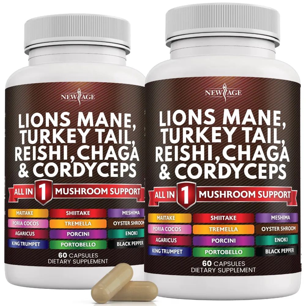 NEW AGE Lions Mane Mushroom Supplement with Turkey Tail Reishi Cordyceps Chaga with Marshmallow Root - 120 Count NEW AGE Lions Mane Mushroom Supplement with Turkey Tail Reishi Cordyceps Chaga with Marshmallow Root - 120 Count