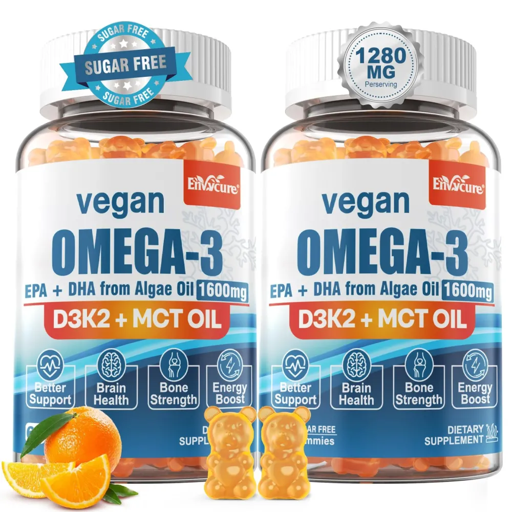 Vegan Omega 3 Gummies 1280mg + Vitamin D3 K2 (MK7), Omega 3 Fish Oil Alternative for Adults, w/Algae EPA 600mg & DHA 400mg, MCT Oil - No Fish Taste - for Brain, Eye, Immune Health, Sugar Free, 2 Pack Vegan Omega 3 Gummies 1280mg + Vitamin D3 K2 (MK7), Omega 3 Fish Oil Alternative for Adults, w/Algae EPA 600mg & DHA 400mg, MCT Oil - No Fish Taste - for Brain, Eye, Immune Health, Sugar Free, 2 Pack