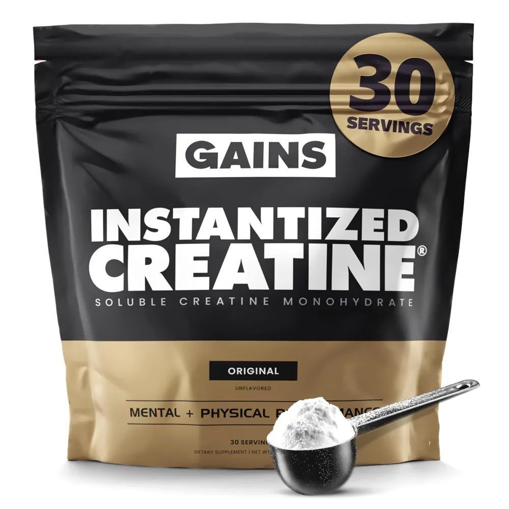 Gains in Bulk Instantized Creatine Monohydrate for Women and Men, Soluble Pre Workout Powder, Supports Muscle Building, Strength and Performance, Bodybuilding Supplements, Unflavored, 30 Servings Gains in Bulk Instantized Creatine Monohydrate for Women and Men, Soluble Pre Workout Powder, Supports Muscle Building, Strength and Performance, Bodybuilding Supplements, Unflavored, 30 Servings