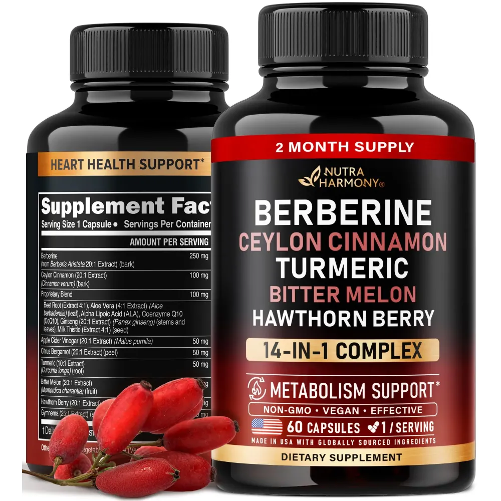 Berberine with Ceylon Cinnamon | Gymnema Extract | Apple Cider Vinegar | Hawthorn Berry | Citrus Bergamot | Bitter Melon - 14-in-1 Supplement for Heart Support, Metabolism & Energy - Vegan 60 Capsules Berberine with Ceylon Cinnamon | Gymnema Extract | Apple Cider Vinegar | Hawthorn Berry | Citrus Bergamot | Bitter Melon - 14-in-1 Supplement for Heart Support, Metabolism & Energy - Vegan 60 Capsules