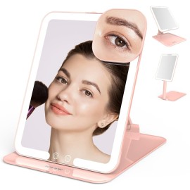 Mocado Travel Makeup Mirror with Light, Tripple Folding Vanity Mirror with Lights, 3 Colors Lighted Makeup Mirror, 1500mAh Rechargeable, Memory Function, Freely Adjust Height and Angle(Pink)