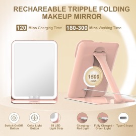 Mocado Travel Makeup Mirror with Light, Tripple Folding Vanity Mirror with Lights, 3 Colors Lighted Makeup Mirror, 1500mAh Rechargeable, Memory Function, Freely Adjust Height and Angle(Pink) Mocado Travel Makeup Mirror with Light, Tripple Folding Vanity Mirror with Lights, 3 Colors Lighted Makeup Mirror, 1500mAh Rechargeable, Memory Function, Freely Adjust Height and Angle(Pink)