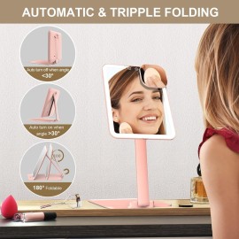 Mocado Travel Makeup Mirror with Light, Tripple Folding Vanity Mirror with Lights, 3 Colors Lighted Makeup Mirror, 1500mAh Rechargeable, Memory Function, Freely Adjust Height and Angle(Pink) Mocado Travel Makeup Mirror with Light, Tripple Folding Vanity Mirror with Lights, 3 Colors Lighted Makeup Mirror, 1500mAh Rechargeable, Memory Function, Freely Adjust Height and Angle(Pink)