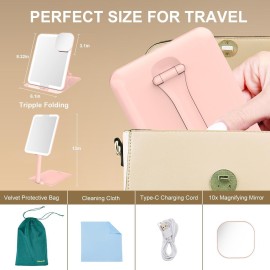 Mocado Travel Makeup Mirror with Light, Tripple Folding Vanity Mirror with Lights, 3 Colors Lighted Makeup Mirror, 1500mAh Rechargeable, Memory Function, Freely Adjust Height and Angle(Pink) Mocado Travel Makeup Mirror with Light, Tripple Folding Vanity Mirror with Lights, 3 Colors Lighted Makeup Mirror, 1500mAh Rechargeable, Memory Function, Freely Adjust Height and Angle(Pink)