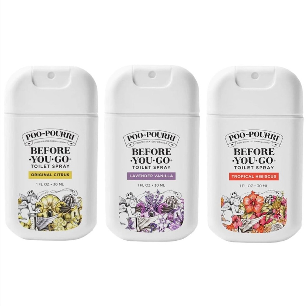 Poo-Pourri Before-You-Go Toilet Spray, Variety Pack 3 count- 1 Fl Oz each Pocket Travel Size - Original Citrus, Lavender Vanilla, and Tropical Hibiscus Poo-Pourri Before-You-Go Toilet Spray, Variety Pack 3 count- 1 Fl Oz each Pocket Travel Size - Original Citrus, Lavender Vanilla, and Tropical Hibiscus