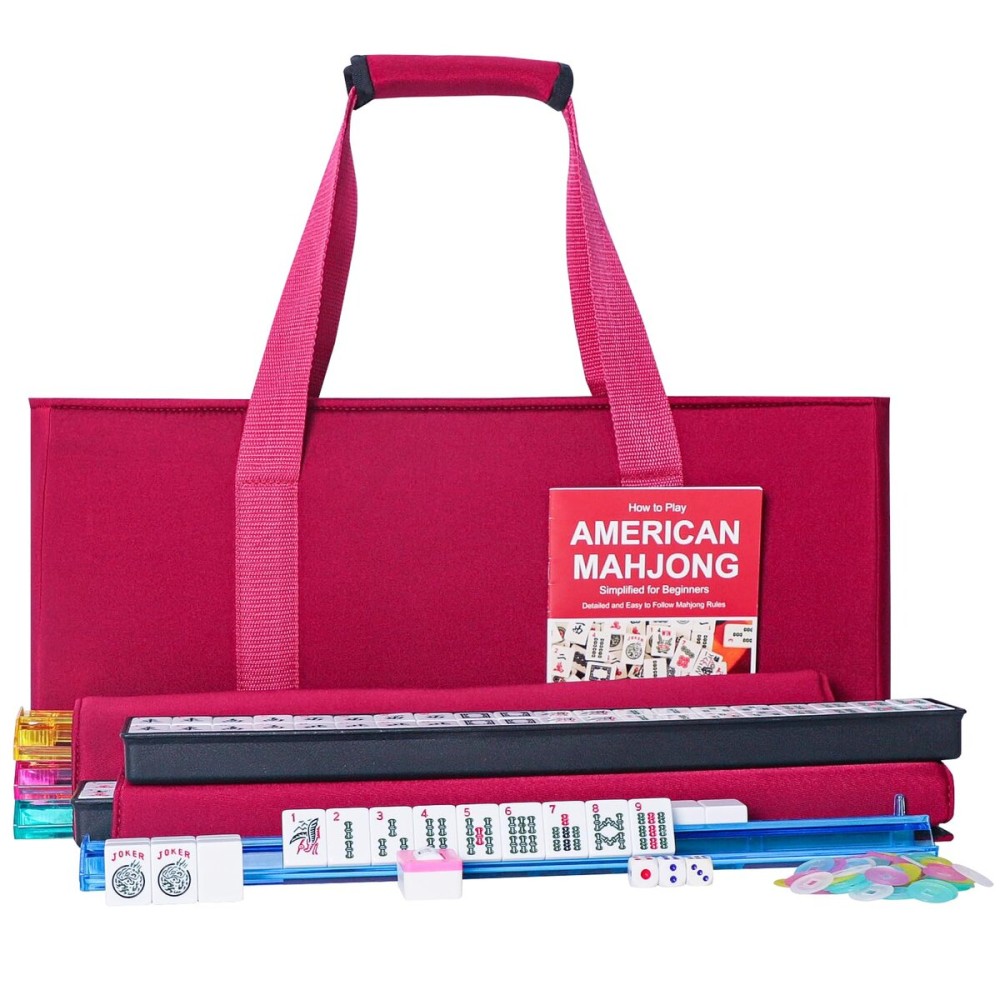 ZGME American Mahjong Set,166 White Tiles with Red Bag and Accessories,4 All-in-One Mahjong Racks with Pushers,Complete Western Mahjong Set ZGME American Mahjong Set,166 White Tiles with Red Bag and Accessories,4 All-in-One Mahjong Racks with Pushers,Complete Western Mahjong Set
