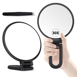 B Beauty Planet 30X Magnifying Mirror, Hand Mirror with Handle, Double Sided Hand Mirror with 30X/1X Magnification, Essential Travel Mirror, Portable Foldable Makeup Mirror for Precision Makeup Black