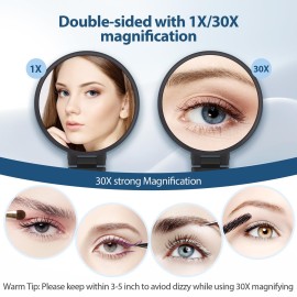 B Beauty Planet 30X Magnifying Mirror, Hand Mirror with Handle, Double Sided Hand Mirror with 30X/1X Magnification, Essential Travel Mirror, Portable Foldable Makeup Mirror for Precision Makeup Black