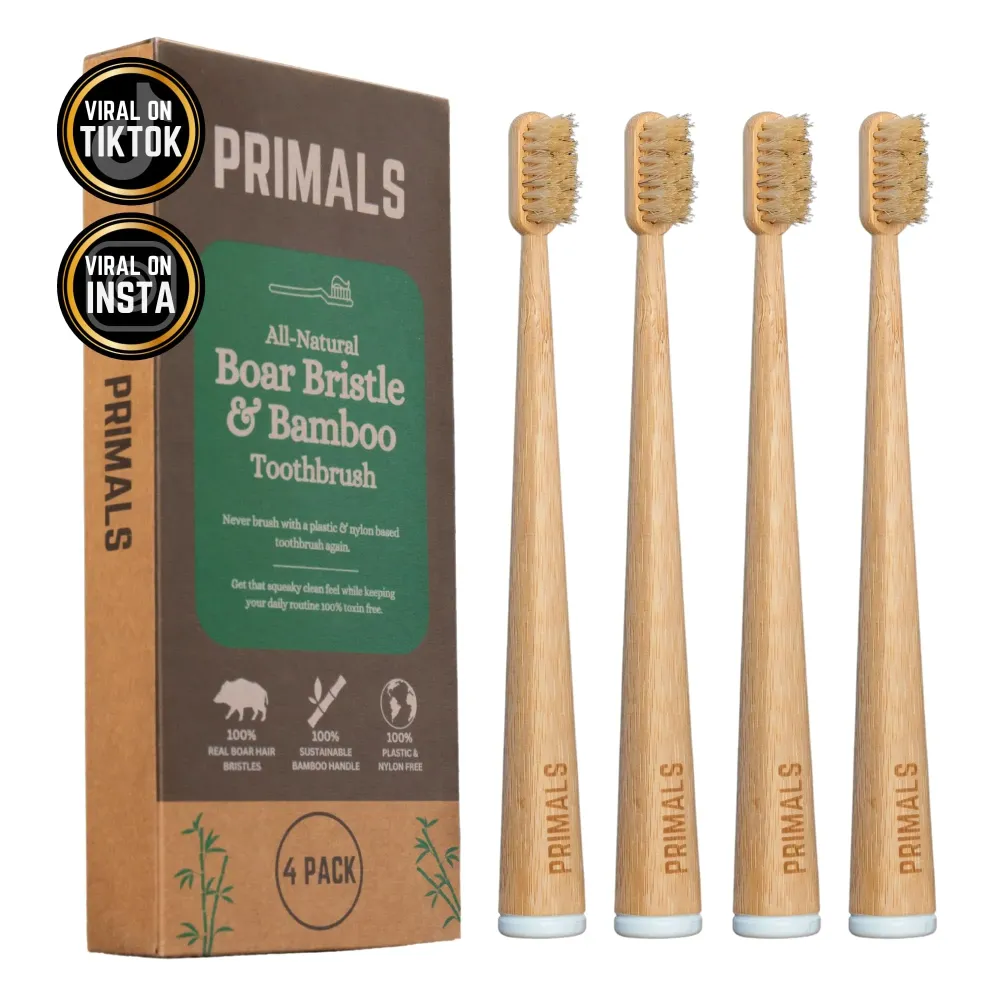 PRIMALS Boar Bristle & Bamboo Toothbrush (4-Pack) - Premium Boar Bristles - Fully Biodegradable - Plastic & Nylon Free - Quick Dry Design PRIMALS Boar Bristle & Bamboo Toothbrush (4-Pack) - Premium Boar Bristles - Fully Biodegradable - Plastic & Nylon Free - Quick Dry Design