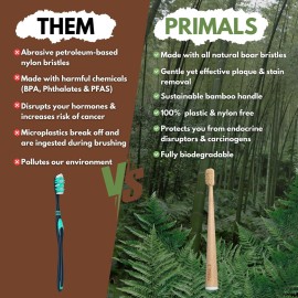 PRIMALS Boar Bristle & Bamboo Toothbrush (4-Pack) - Premium Boar Bristles - Fully Biodegradable - Plastic & Nylon Free - Quick Dry Design PRIMALS Boar Bristle & Bamboo Toothbrush (4-Pack) - Premium Boar Bristles - Fully Biodegradable - Plastic & Nylon Free - Quick Dry Design