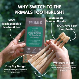 PRIMALS Boar Bristle & Bamboo Toothbrush (4-Pack) - Premium Boar Bristles - Fully Biodegradable - Plastic & Nylon Free - Quick Dry Design PRIMALS Boar Bristle & Bamboo Toothbrush (4-Pack) - Premium Boar Bristles - Fully Biodegradable - Plastic & Nylon Free - Quick Dry Design