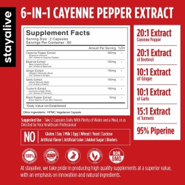 StayAlive Cayenne Pepper Capsules 960mg Super Extract with Ginger, Garlic, Turmeric, Beet Root, Black Pepper, 120 Cayenne Capsules, Support Cardiovascular & Immune System, Capsaicin Supplement Pills