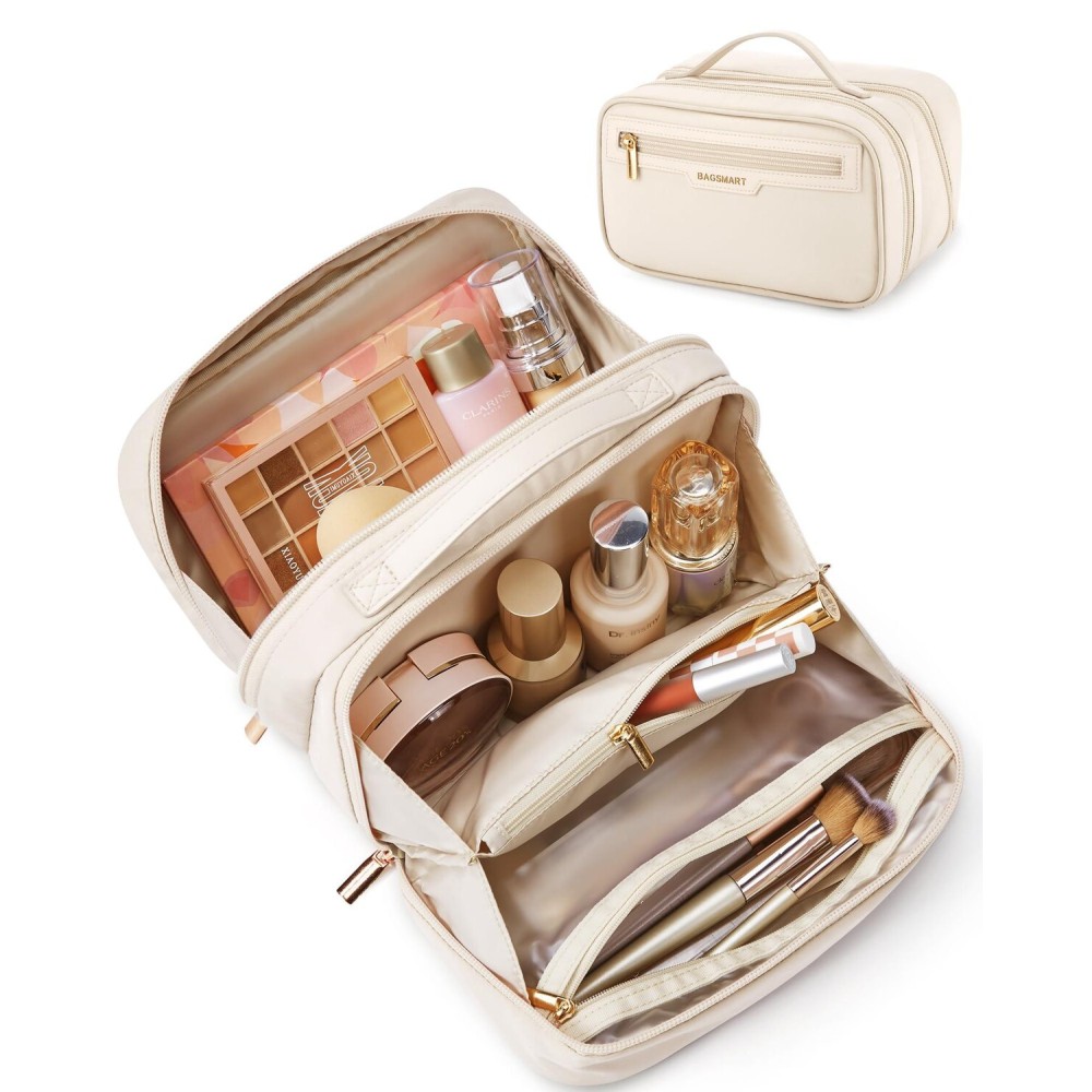 BAGSMART Travel Makeup Bag, Portable Make Up Bag, Wide-open Makeup Organizer Cosmetic Bags for Women for Travel Essentials Travel-Size Toiletries Accessories Bottles, Brushes (Beige) BAGSMART Travel Makeup Bag, Portable Make Up Bag, Wide-open Makeup Organizer Cosmetic Bags for Women for Travel Essentials Travel-Size Toiletries Accessories Bottles, Brushes (Beige)