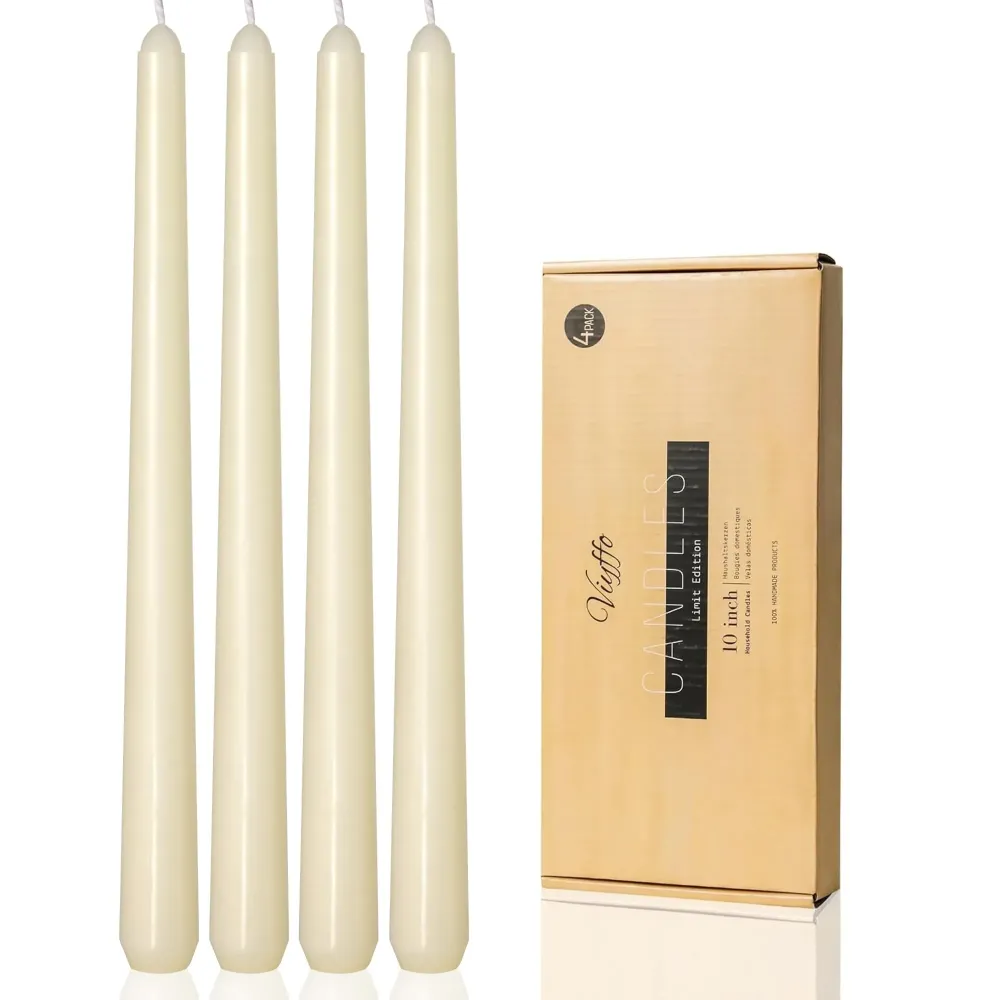 Ivory Taper Candles, 10 Inch Set of 4, Unscented, Dripless, Smokeless, 8 Hours Long Burning, Hand Poured Tall Tapered Candlesticks Wedding Advent Home Decor Dinner Ivory Taper Candles, 10 Inch Set of 4, Unscented, Dripless, Smokeless, 8 Hours Long Burning, Hand Poured Tall Tapered Candlesticks Wedding Advent Home Decor Dinner