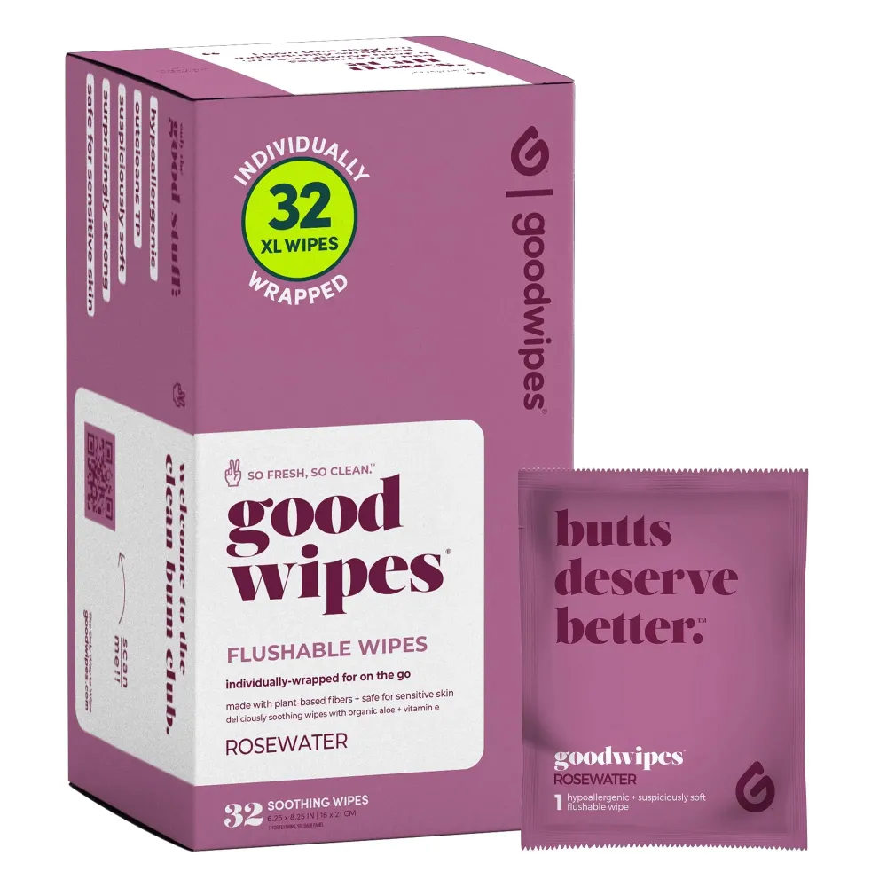 Goodwipes Flushable Wipes - Made with Vitamin E & Aloe - Soft, Individually Wrapped Butt & Feminine Cloths for On-the-Go & Travel Use - Largest Adult Toilet Towelettes - Rosewater, 1 pack, 32 count Goodwipes Flushable Wipes - Made with Vitamin E & Aloe - Soft, Individually Wrapped Butt & Feminine Cloths for On-the-Go & Travel Use - Largest Adult Toilet Towelettes - Rosewater, 1 pack, 32 count