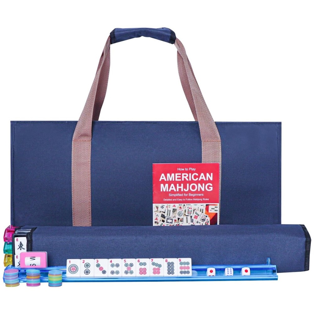 GUSTARIA American Mahjong Game Set, 166 Premium White Tiles, 4 All-in-One Color Rack/Pushers, Complete Mahjong Set Blue Carrying Bag GUSTARIA American Mahjong Game Set, 166 Premium White Tiles, 4 All-in-One Color Rack/Pushers, Complete Mahjong Set Blue Carrying Bag