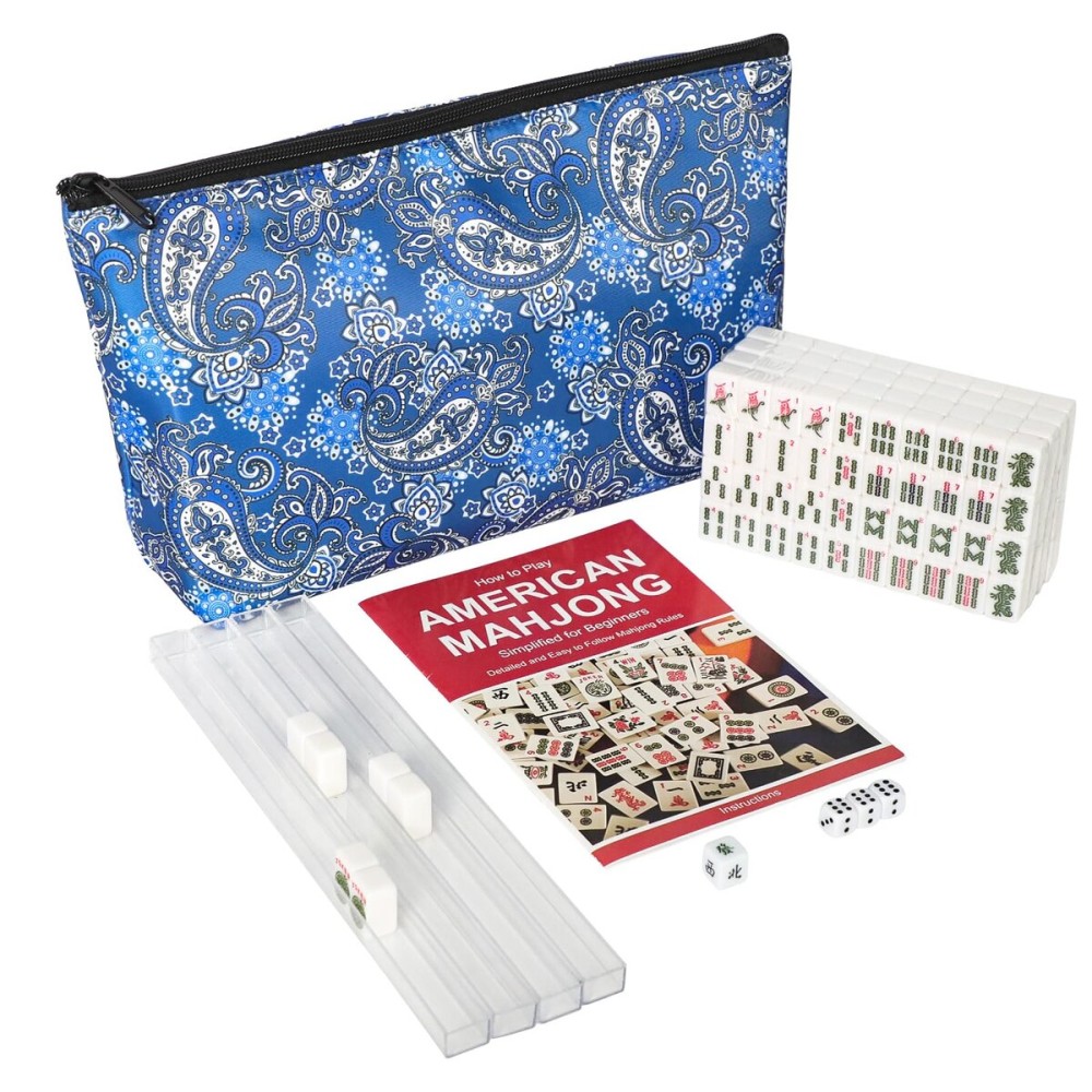 GUSTARIA Mini Mahjong Set, American Mahjong Game Set with 166 White Tiles (0.8), 4 Racks & Thickened Blue Printed Bag, Portable Travel Mahjong Tiles Set GUSTARIA Mini Mahjong Set, American Mahjong Game Set with 166 White Tiles (0.8), 4 Racks & Thickened Blue Printed Bag, Portable Travel Mahjong Tiles Set