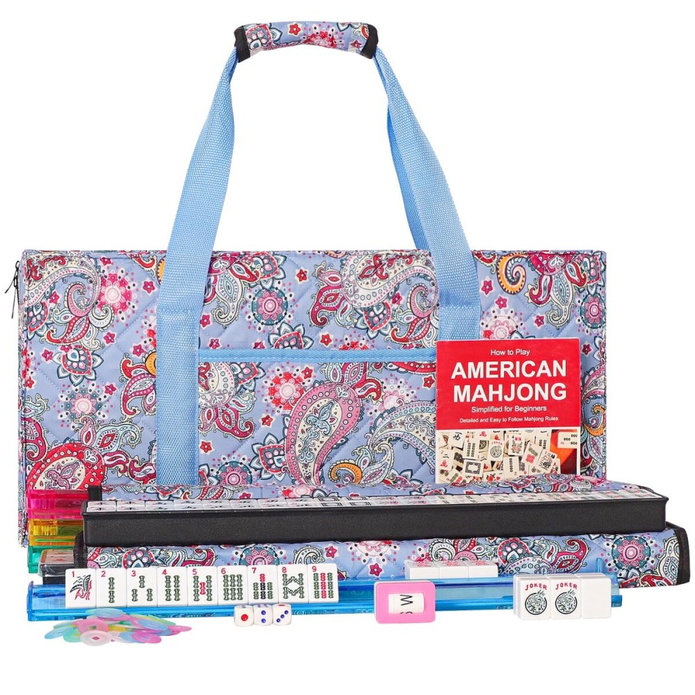 ZGME American Mahjong Set,166 White Tiles with Printed Rectangular Bag and Accessories,4 All-in-One Mahjong Racks with Pushers,Complete Western Mahjong Set ZGME American Mahjong Set,166 White Tiles with Printed Rectangular Bag and Accessories,4 All-in-One Mahjong Racks with Pushers,Complete Western Mahjong Set