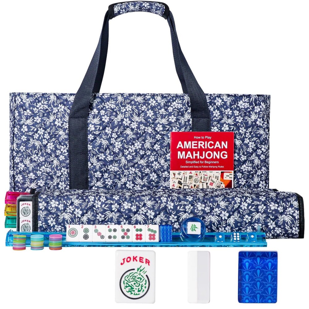GUSTARIA American Mahjong Set,166 Premium Acrylic Tiles with Blue Prints, 4 All-in-One Color Rack/Pushers, Complete Mahjong Game Set with Floral Blue Carrying Bag GUSTARIA American Mahjong Set,166 Premium Acrylic Tiles with Blue Prints, 4 All-in-One Color Rack/Pushers, Complete Mahjong Game Set with Floral Blue Carrying Bag