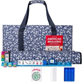 GUSTARIA American Mahjong Set,166 Premium Acrylic Tiles with Blue Prints, 4 All-in-One Color Rack/Pushers, Complete Mahjong Game Set with Floral Blue Carrying Bag