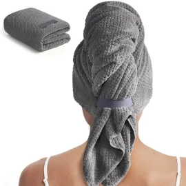 MABAO Microfiber Hair Towel Wrap for Women, Quick Dry Hair Turban Towel with Elastic Band, Microfiber Plopping Towel for Curly Hair, Stocking Stuffers for Women(Gray)