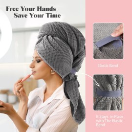 MABAO Microfiber Hair Towel Wrap for Women, Quick Dry Hair Turban Towel with Elastic Band, Microfiber Plopping Towel for Curly Hair, Stocking Stuffers for Women(Gray)