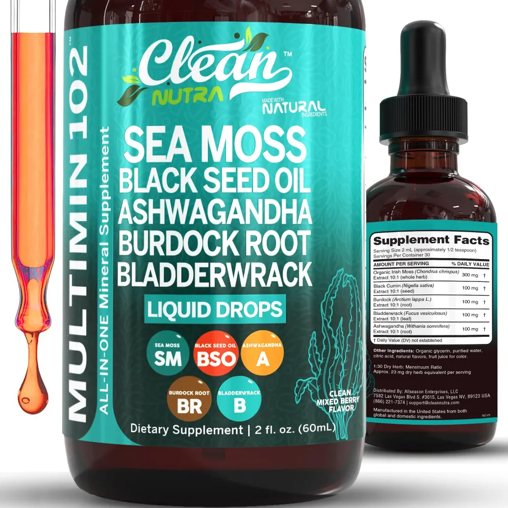 Clean Nutra Organic Sea Moss Drops Supplement | Black Seed Oil Irish Seamoss Ashwagandha Burdock Root & Bladderwrack - Multimineral Liquid Vegan for Gut Heath Energy Skin Immune Support & Hair Clean Nutra Organic Sea Moss Drops Supplement | Black Seed Oil Irish Seamoss Ashwagandha Burdock Root & Bladderwrack - Multimineral Liquid Vegan for Gut Heath Energy Skin Immune Support & Hair
