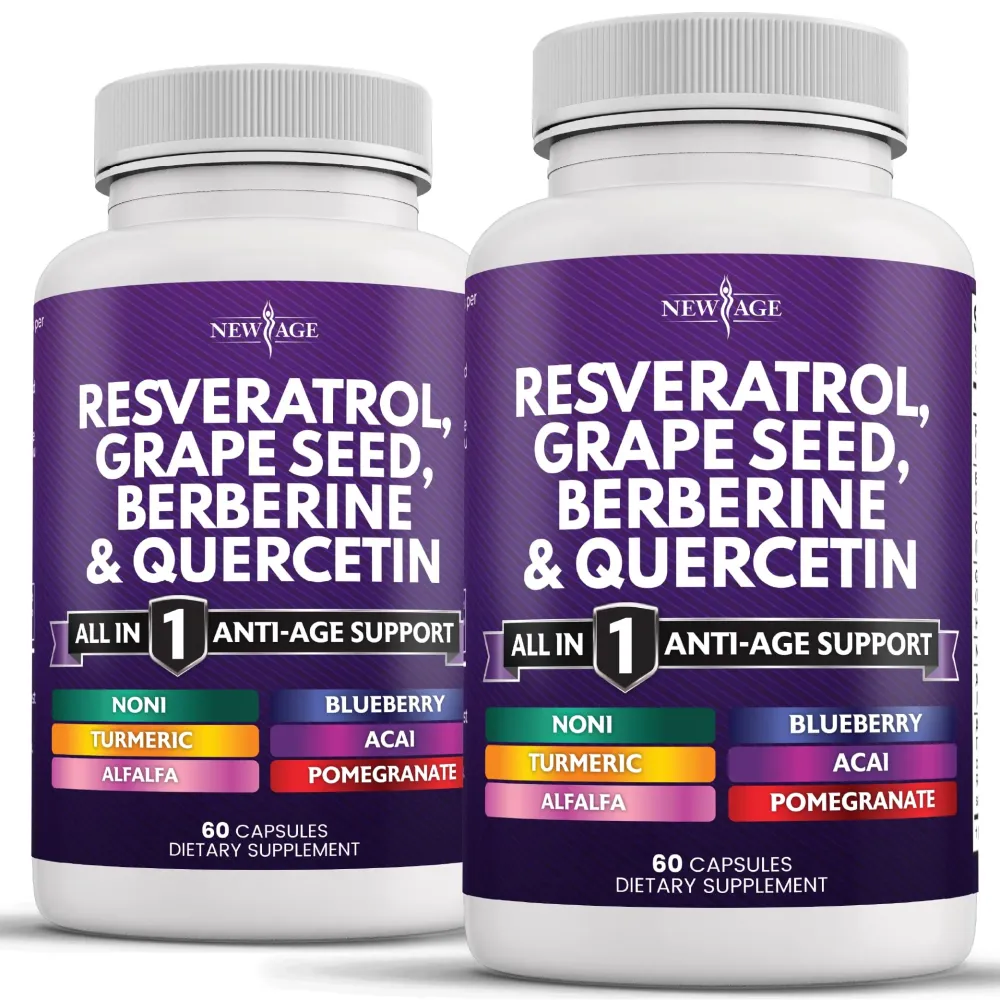 NEW AGE Resveratrol, Berberine, Grape Seed Extract, Quercetin, Polyphenol Supplement for Women and Men with Noni Extract, N-Acetyl Cysteine, Acai Extract - 120 Capsules NEW AGE Resveratrol, Berberine, Grape Seed Extract, Quercetin, Polyphenol Supplement for Women and Men with Noni Extract, N-Acetyl Cysteine, Acai Extract - 120 Capsules