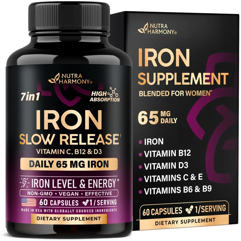 Iron Supplement for Women - Iron 65mg (Ferrous Sulfate 325mg) - Stomach Friendly | Slow Release Iron | High Absorption - Vitamins C, D3, B6, B12 & Folate - Iron Level & Energy Support - 60 Capsules Iron Supplement for Women - Iron 65mg (Ferrous Sulfate 325mg) - Stomach Friendly | Slow Release Iron | High Absorption - Vitamins C, D3, B6, B12 & Folate - Iron Level & Energy Support - 60 Capsules