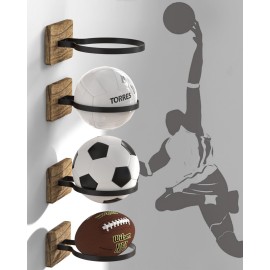 4 Pcs Wall Mount Basketball Holder with Wooden Base, Ball Storage Holders Display Rack for Autograph Basketball, Football, Soccer, Volleyball Collection, Sports Accessories Organizer for Player Fans