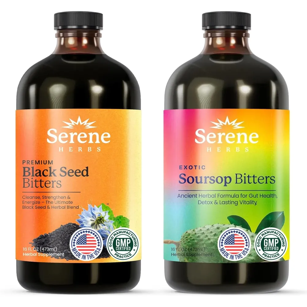 Soursop & Black Seed Bitters Bundle - Organic Herbal Detox for Digestive Support & Immune Health by Serene Herbs - Non-GMO, 32 oz (16 oz Each), 64 Servings Soursop & Black Seed Bitters Bundle - Organic Herbal Detox for Digestive Support & Immune Health by Serene Herbs - Non-GMO, 32 oz (16 oz Each), 64 Servings