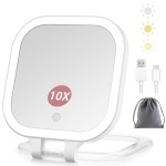 DESCHEN Rechargeable Travel Makeup Vanity Mirror with Lights and Magnification, Portable 1X/10X Magnifying Mirror with 3 Color Light, Lighted Makeup Mirror with Magnification, Folding LED Desk Mirror