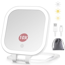 DESCHEN Rechargeable Travel Makeup Vanity Mirror with Lights and Magnification, Portable 1X/10X Magnifying Mirror with 3 Color Light, Lighted Makeup Mirror with Magnification, Folding LED Desk Mirror