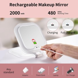 DESCHEN Rechargeable Travel Makeup Vanity Mirror with Lights and Magnification, Portable 1X/10X Magnifying Mirror with 3 Color Light, Lighted Makeup Mirror with Magnification, Folding LED Desk Mirror