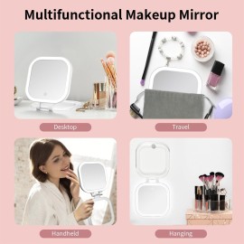DESCHEN Rechargeable Travel Makeup Vanity Mirror with Lights and Magnification, Portable 1X/10X Magnifying Mirror with 3 Color Light, Lighted Makeup Mirror with Magnification, Folding LED Desk Mirror