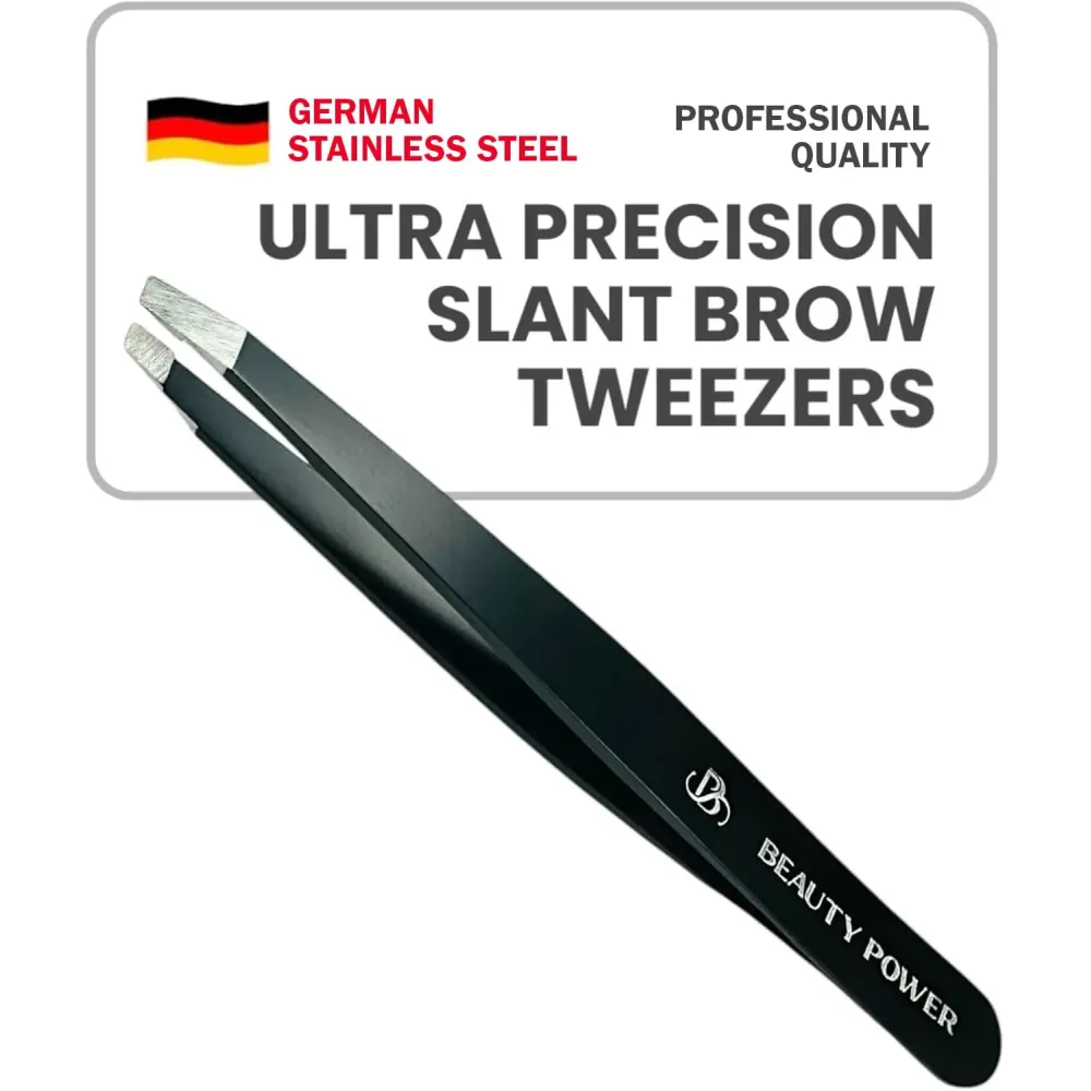 Beauty Power Professional Tweezers - Slant, Durable Lightweight German Stainless Steel, Ultra Precision Tweezers for Eyebrows, Facial Hair, Chin, and Ingrown Hair Removal - Gift (Matte Black) Beauty Power Professional Tweezers - Slant, Durable Lightweight German Stainless Steel, Ultra Precision Tweezers for Eyebrows, Facial Hair, Chin, and Ingrown Hair Removal - Gift (Matte Black)