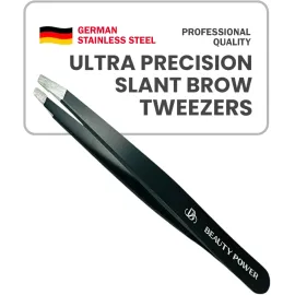 Beauty Power Professional Tweezers - Slant, Durable Lightweight German Stainless Steel, Ultra Precision Tweezers for Eyebrows, Facial Hair, Chin, and Ingrown Hair Removal - Gift (Matte Black)