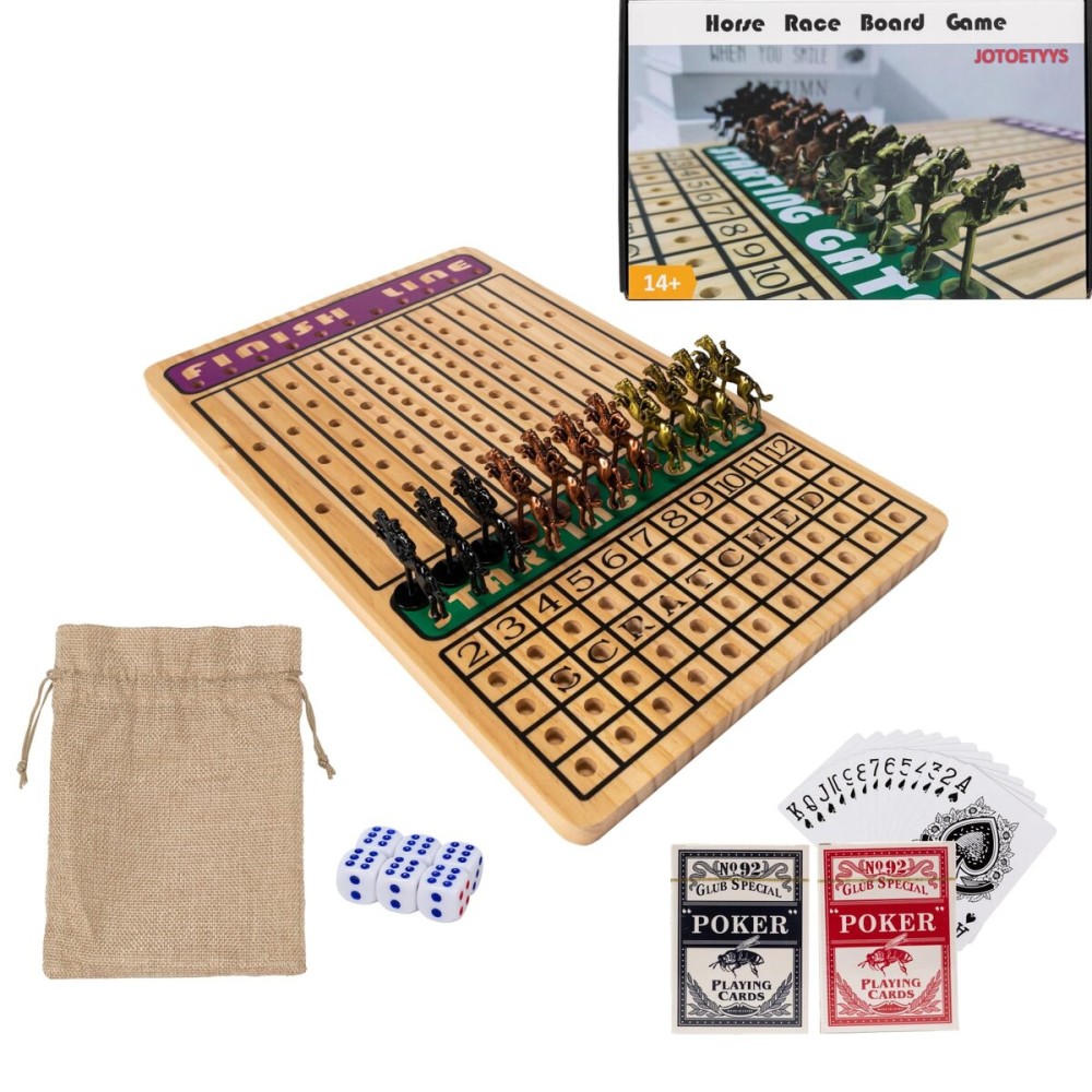 Horse Race Board Game, Horse Racing Game with 11 Luxury Metal Horses, 4 Dice, 2 Boxes of Cards, and Thickened Wood Horse Race Game Board
