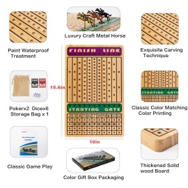 Horse Race Board Game, Horse Racing Game with 11 Luxury Metal Horses, 4 Dice, 2 Boxes of Cards, and Thickened Wood Horse Race Game Board