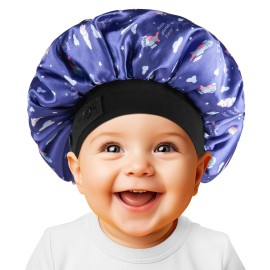 WINSTECK Bonnet, Soft Silk Satin Bonnet for Girls Boys Infant, Double Layer & Wide Elastic Band Kids Sleeping Cap, Adjustable Blue Night Hat for Toddler Child Natural Hair Curly Hair(Blue Spaceship)