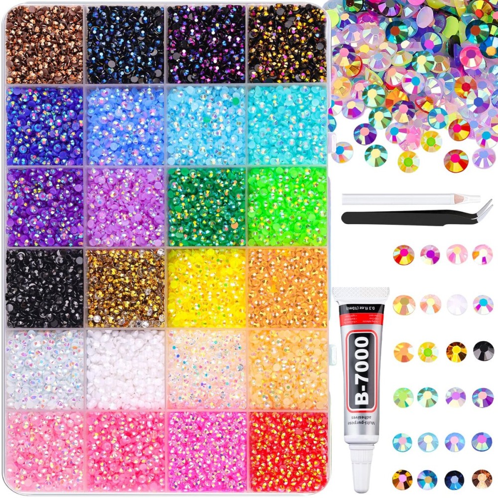 24000Pcs Resin Jelly Rhinestones with 1 Pcs B7000 Jewelry Glue for Bedazzling, Multicolor 3mm Flatback Gems for Crafting, Bedazzler Kit for Book Crafts Clothing Shoes Fabric Decor Nail Art Makeup